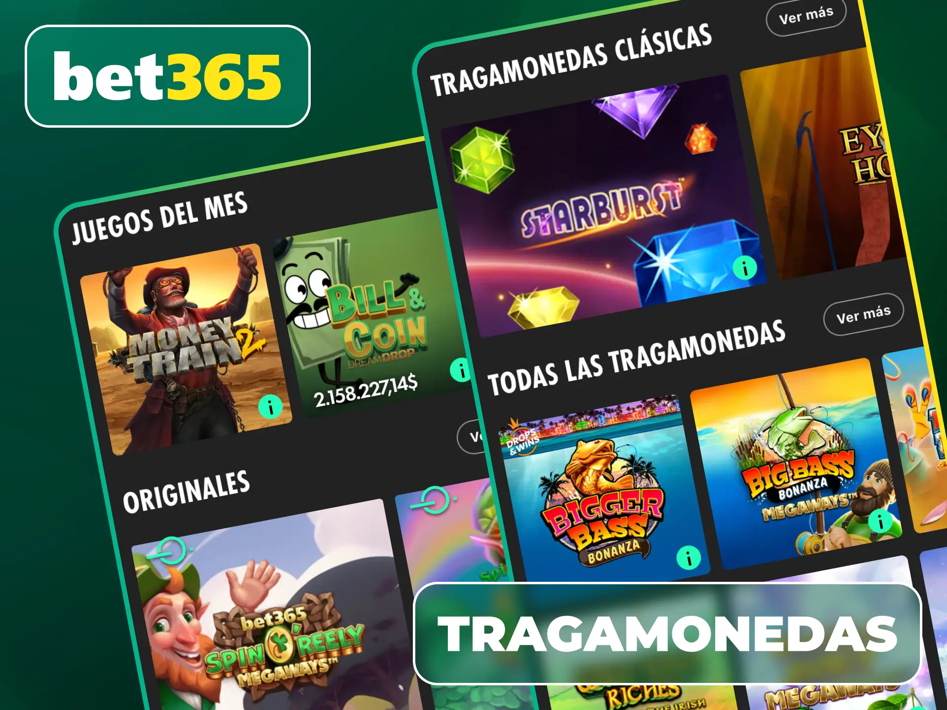Disfruta de cientos de títulos y gráficos increíbles en la sección de Tragamonedas en la App de Casino de Bet365.