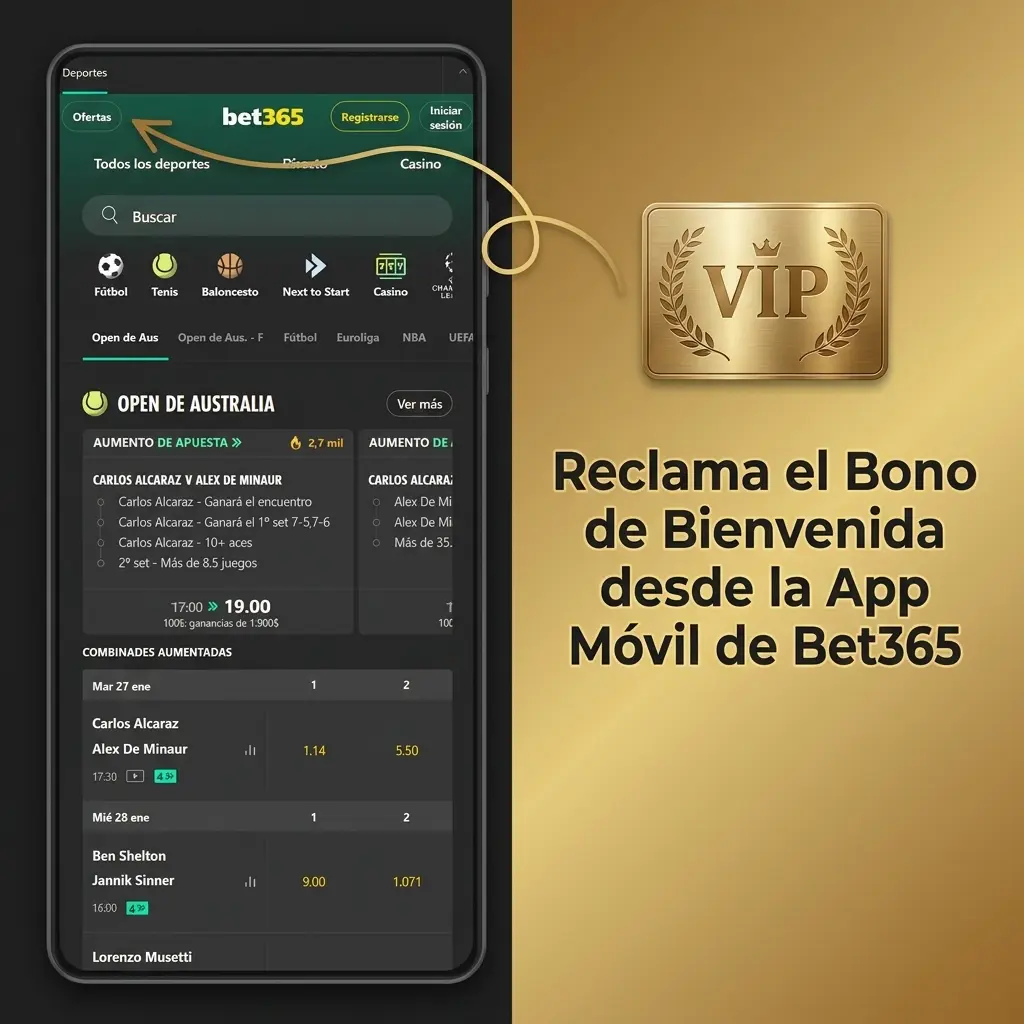 App móvil Bet365 para reclamar bono de bienvenida en iOS y Android con registro y depósito fácil