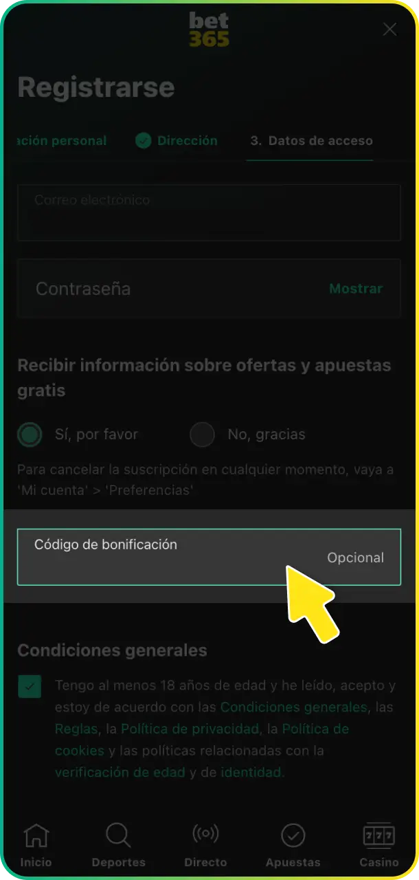 Configura tu perfil a tu medida y aprovecha las ofertas en la Etapa 3 – Preferencias y Bono de Bet365.