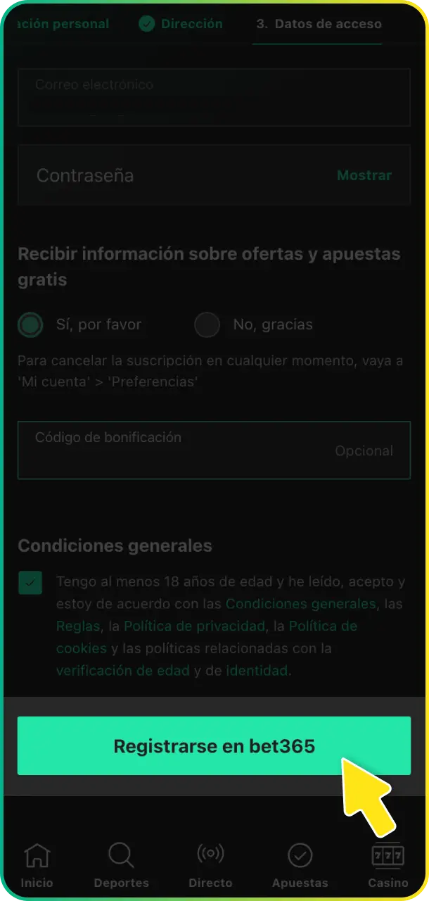 Valida tu identidad y asegura tu nueva cuenta realizando la Confirmación de Email enviada por Bet365.