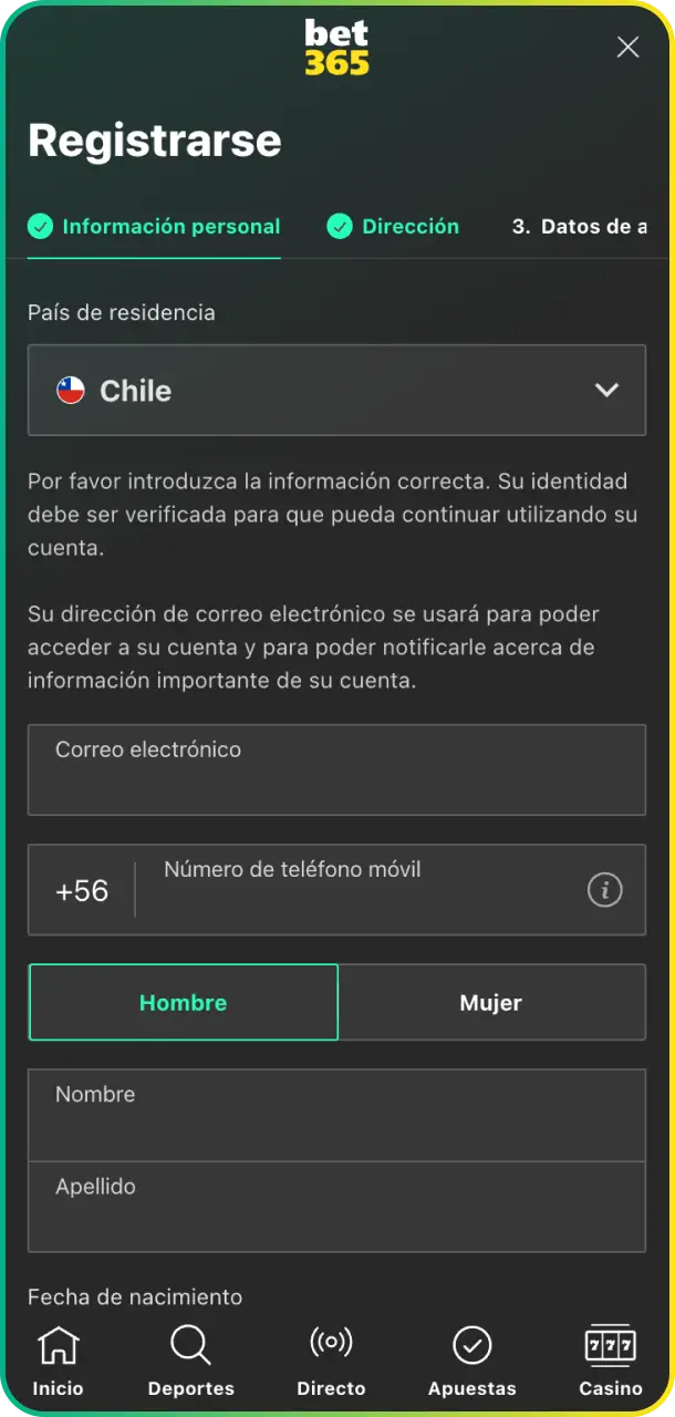 Inicia el proceso de registro completando correctamente la Etapa 1 – Información Personal en Bet365 Chile.